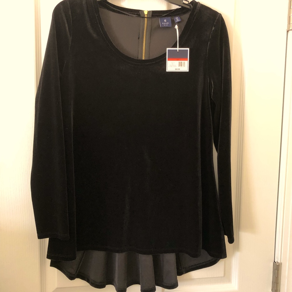 Kaari Blue True Black Velvety Scoop Neck Long Sleeve High Low Zip Back Top XS